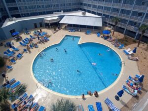 aerial view of a swimming pool in a resort